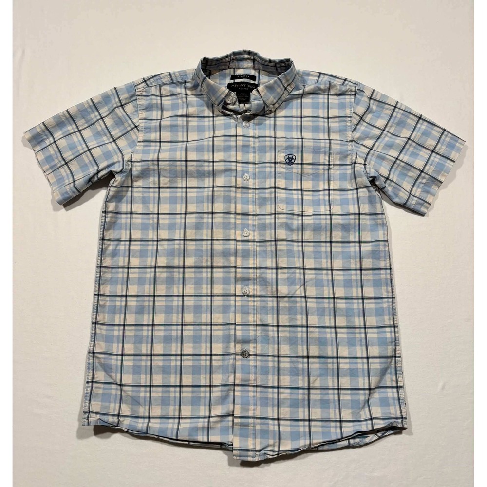 Ariat Pro Series Boys Blue Plaid Short Sleeve Button Down Shirt Size Large 14-16